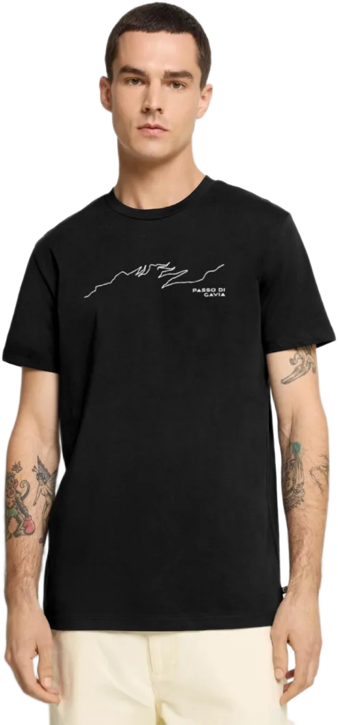 Model im Premium Bio T-Shirt mit dem Motiv Gavia Pass Straßenverlauf