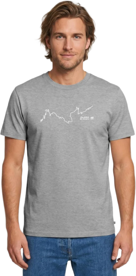 Model im Premium Bio T-Shirt mit dem Motiv Passo Giau Straßenverlauf